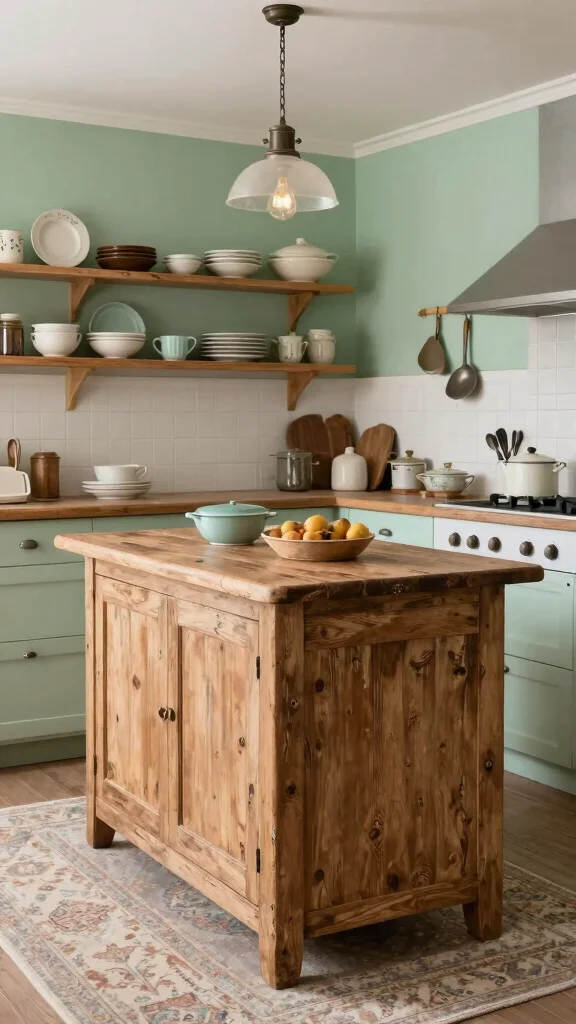 18 Green Kitchen Ideas with a Wooden Island as the Focal Point - 3. Vintage Charm with Distressed Finishes 1