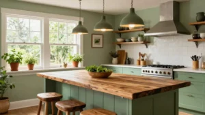 18 Green Kitchen Ideas with a Wooden Island as the Focal Point