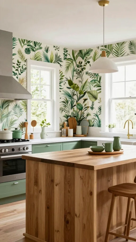 18 Green Kitchen Ideas with a Wooden Island as the Focal Point - 5. Accent Walls for a Pop of Color 1
