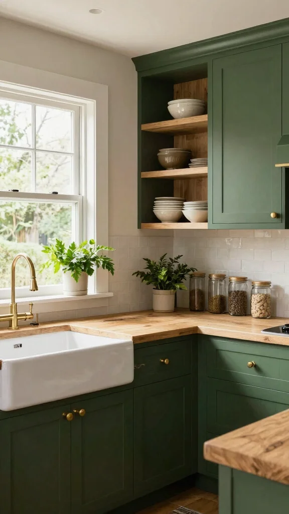 18 Green Kitchen with Wood Cabinets for a Nature-Inspired Look - 1. Forest Green Cabinets with Light Oak Accents 1