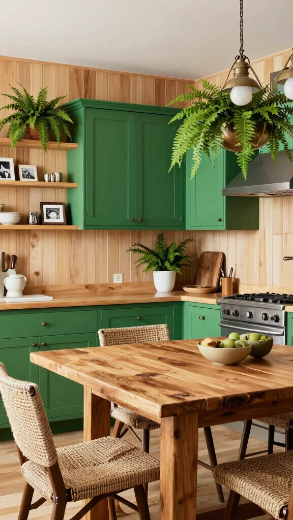 18 Green Kitchen with Wood Cabinets for a Nature-Inspired Look - 10. Fern Green with Birch Paneling 1