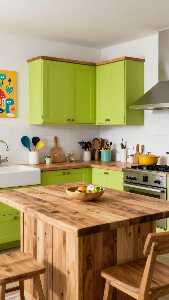 18 Green Kitchen with Wood Cabinets for a Nature-Inspired Look - 11. Bright Lime and Reclaimed Wood Statement 1