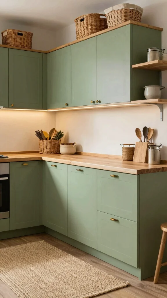 18 Green Kitchen with Wood Cabinets for a Nature-Inspired Look - 12. Soft Avocado with Warm Wood Details 1