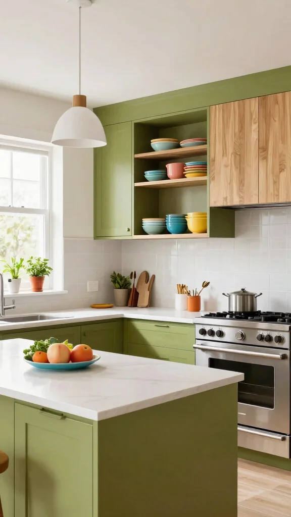 18 Green Kitchen with Wood Cabinets for a Nature-Inspired Look - 13. Bright Olive with Beech Wood Accents 1