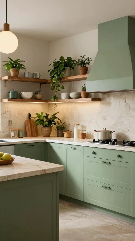 18 Green Kitchen with Wood Cabinets for a Nature-Inspired Look - 14. Soft Green and Natural Stone 1