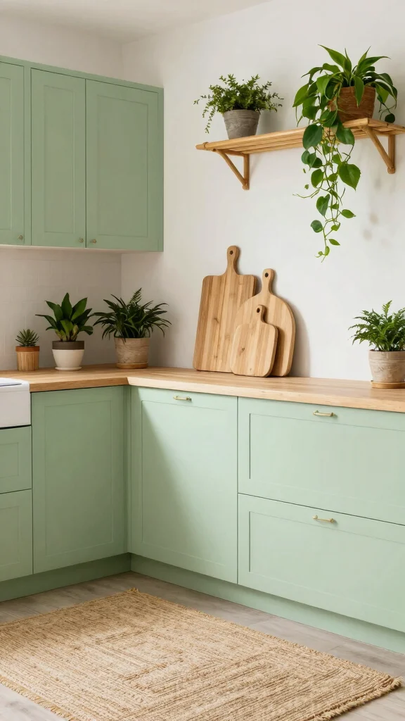 18 Green Kitchen with Wood Cabinets for a Nature-Inspired Look - 15. Light Green with Natural Bamboo 1