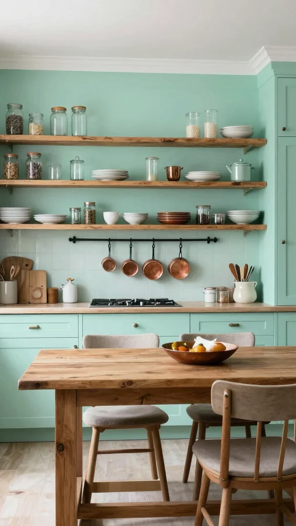 18 Green Kitchen with Wood Cabinets for a Nature-Inspired Look - 2. Mint Green With Reclaimed Wood Shelves 1