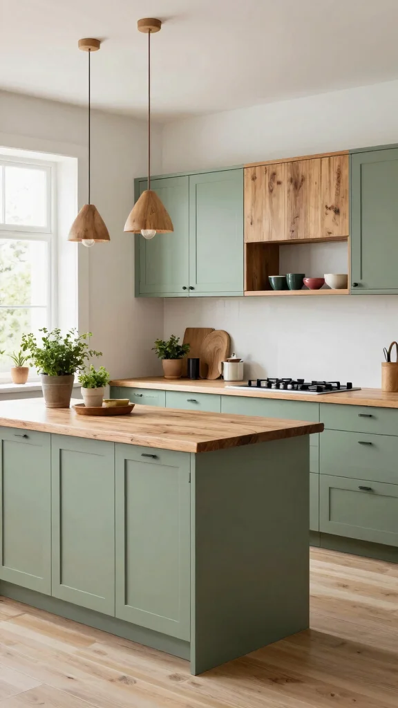 18 Green Kitchen with Wood Cabinets for a Nature-Inspired Look - 3. Sage Green and Rustic Modernity 1