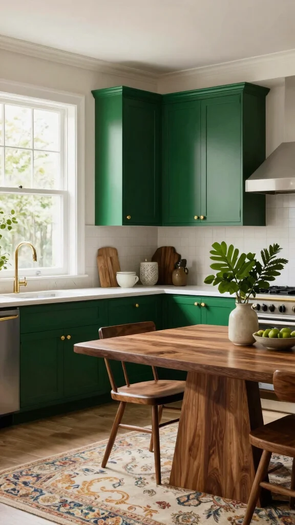 18 Green Kitchen with Wood Cabinets for a Nature-Inspired Look - 4. Deep Emerald and Warm Walnut 1