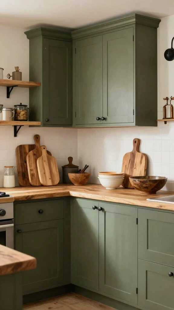 18 Green Kitchen with Wood Cabinets for a Nature-Inspired Look - 8. Earthy Olive and Rustic Oak 1