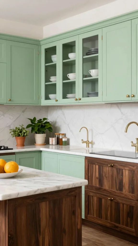 18 Green Kitchen with Wood Cabinets for a Nature-Inspired Look - 9. Pale Green With Dark Wood Contrast 1