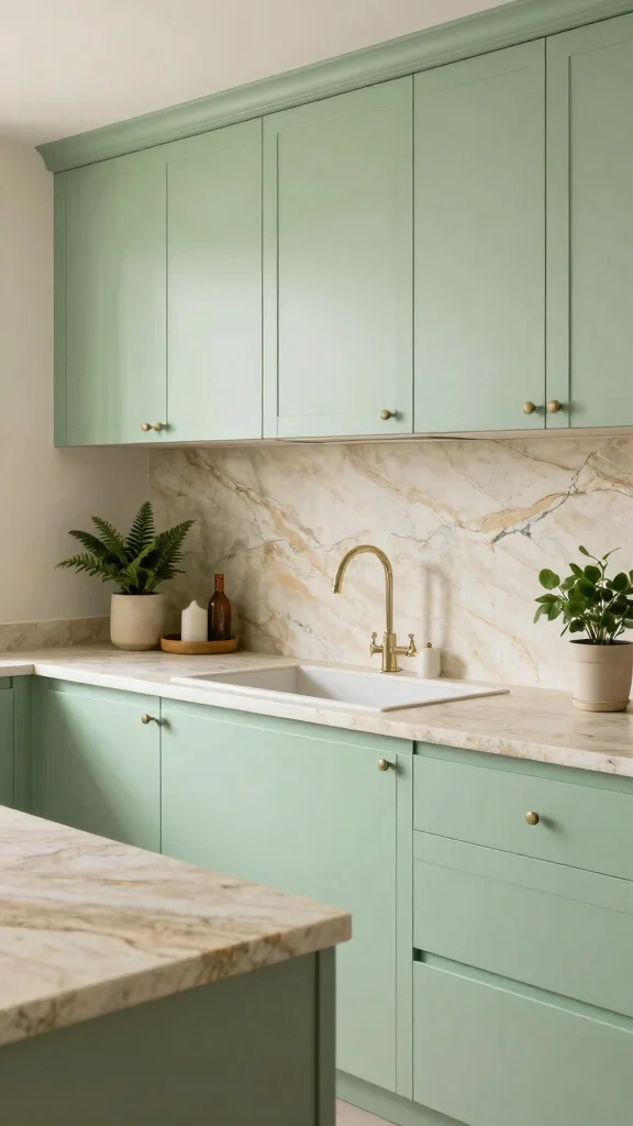 18 Modern Light Green Kitchen Cabinet Ideas - 10. Light Green with Natural Stone 1