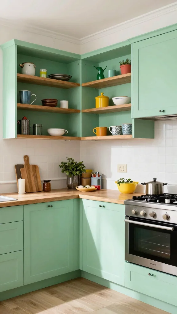 18 Modern Light Green Kitchen Cabinet Ideas - 11. Eclectic Light Green Mix 1