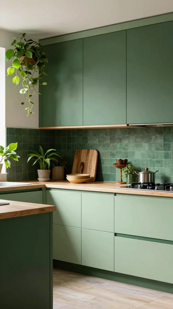 18 Modern Light Green Kitchen Cabinet Ideas - 13. Layered Green Tones 1
