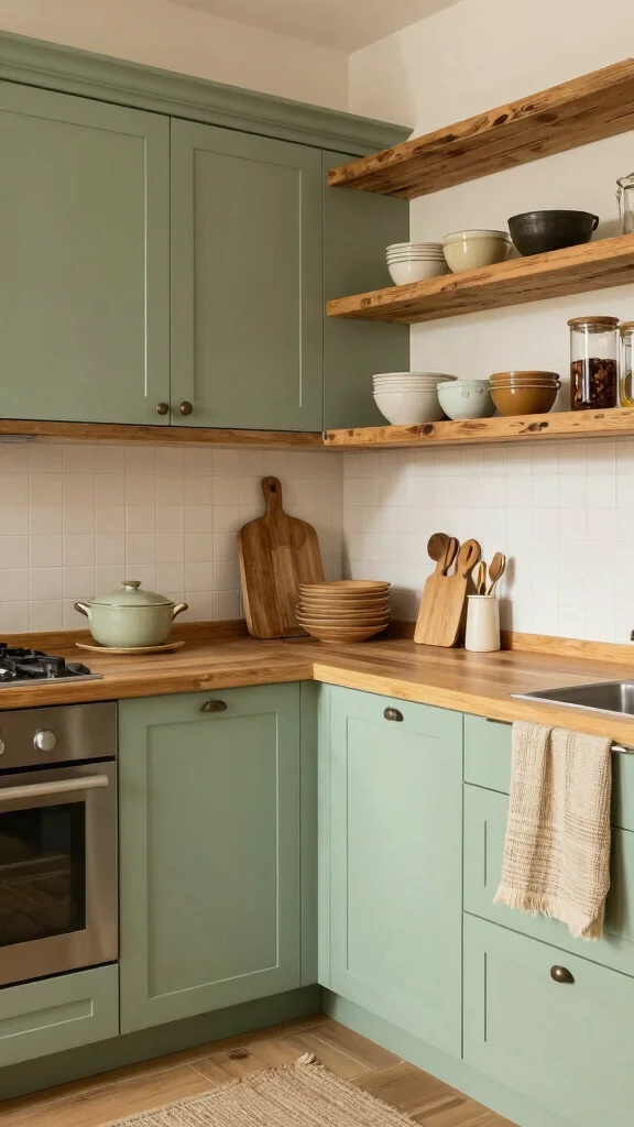 18 Modern Light Green Kitchen Cabinet Ideas - 14. Light Green with Wooden Accents 1