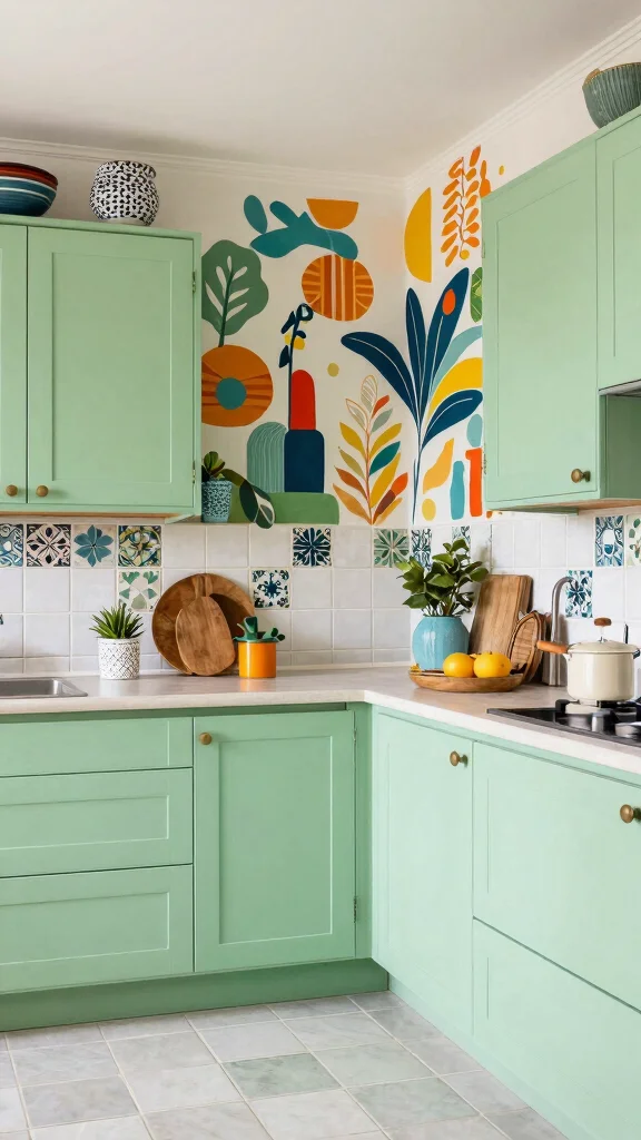 18 Modern Light Green Kitchen Cabinet Ideas - 17. Light Green with Artistic Touches 1