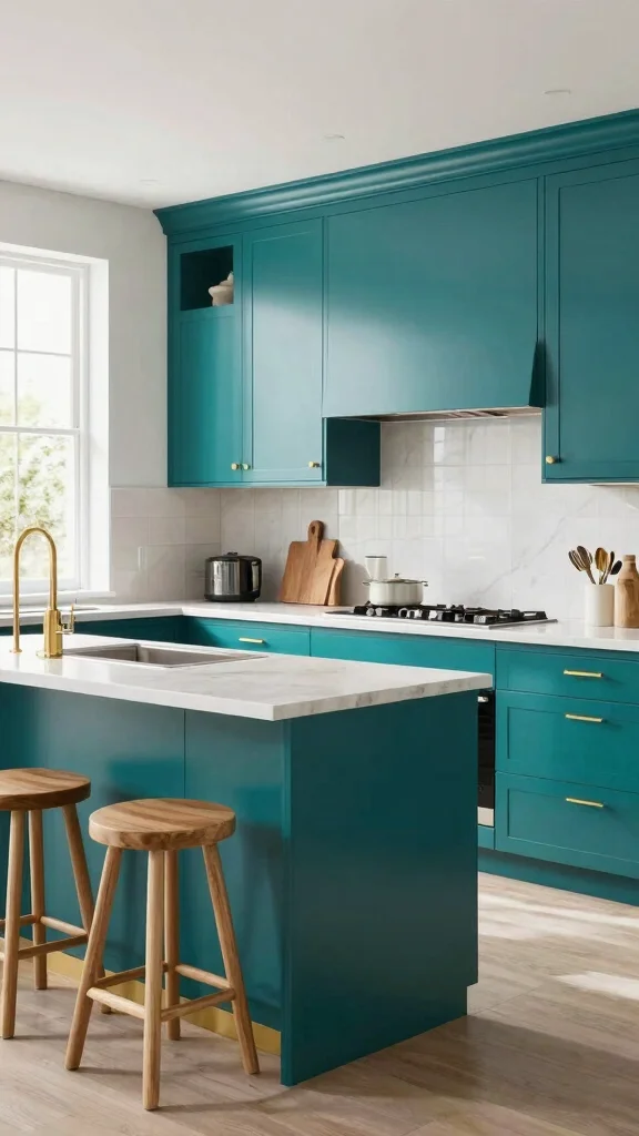 18 Modern Light Green Kitchen Cabinet Ideas - 4. Teal Tones for a Statement 1