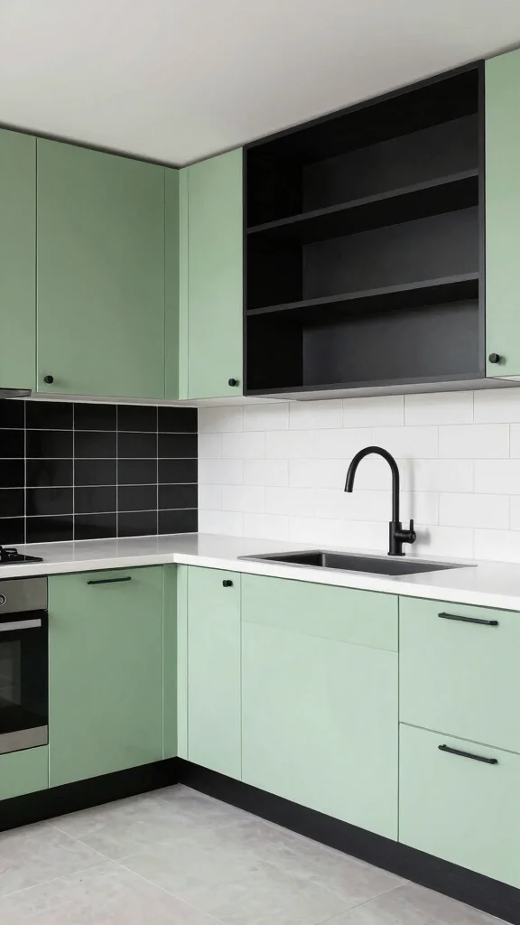 18 Modern Light Green Kitchen Cabinet Ideas - 6. Light Green with Black Accents 1