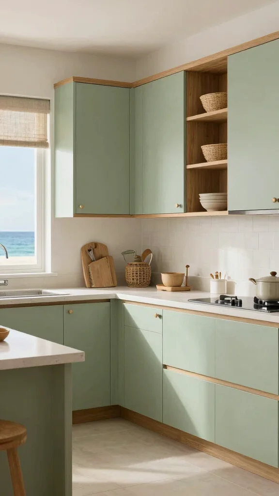 18 Modern Light Green Kitchen Cabinet Ideas - 8. Sandy Green for a Beachy Vibe 1