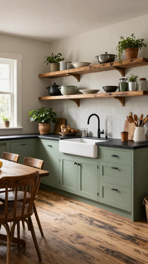 18 Sage Green Cabinets with Black Countertops: Beautiful Combinations - 1. Rustic Charm Meets Modern Elegance 1