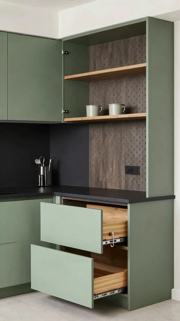 18 Sage Green Cabinets with Black Countertops: Beautiful Combinations - 15. Creative Storage Solutions 1