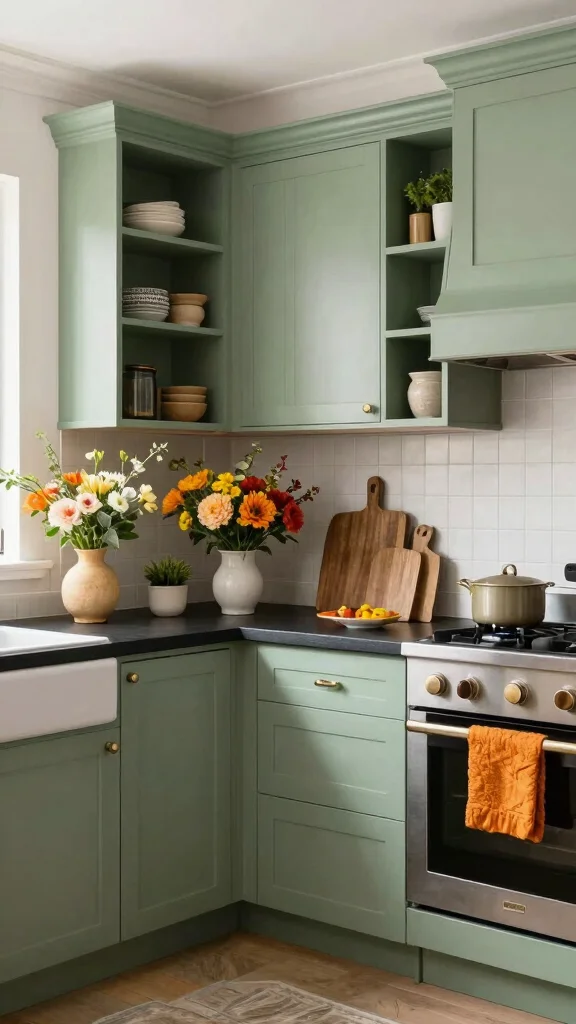18 Sage Green Cabinets with Black Countertops: Beautiful Combinations - 16. Seasonal Decor Variations 1