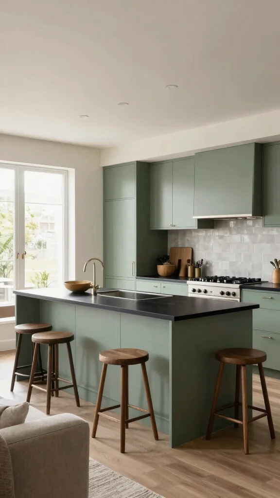 18 Sage Green Cabinets with Black Countertops: Beautiful Combinations - 18. Open Concept Kitchen and Living Spaces 1