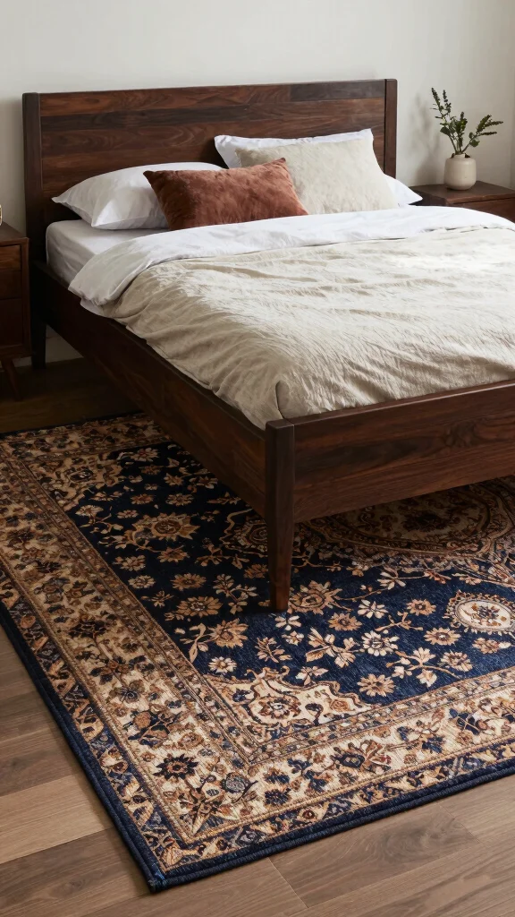 19 Bedroom Design Ideas with Dark Wood Furniture - 12. Statement Rugs to Anchor the Space 1