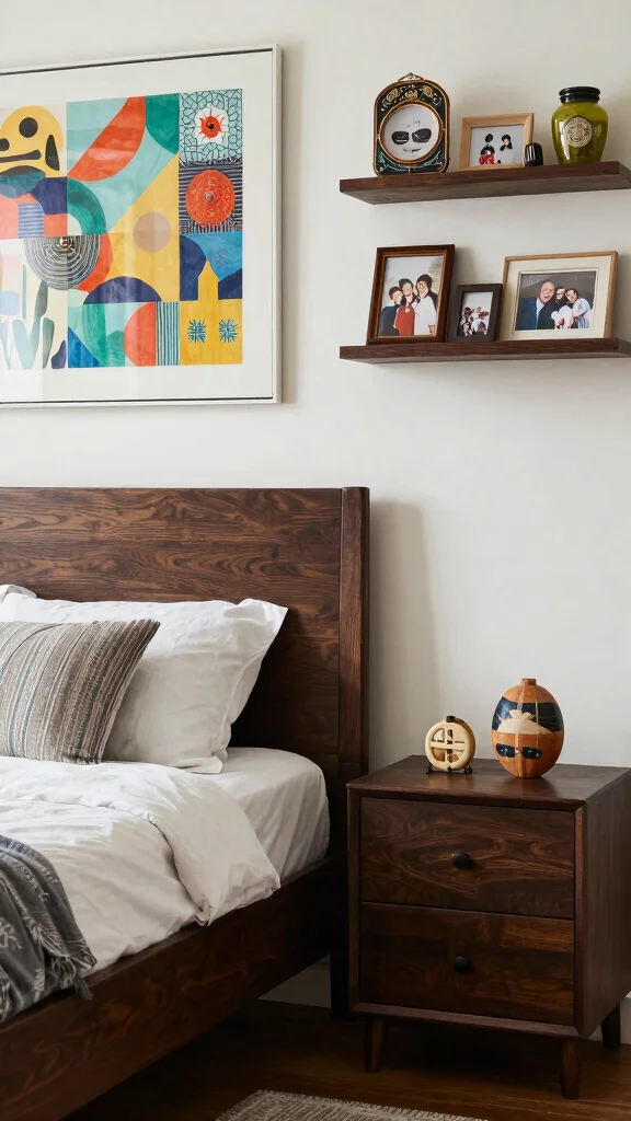 19 Bedroom Design Ideas with Dark Wood Furniture - 13. Incorporating Art and Personal Touches 1