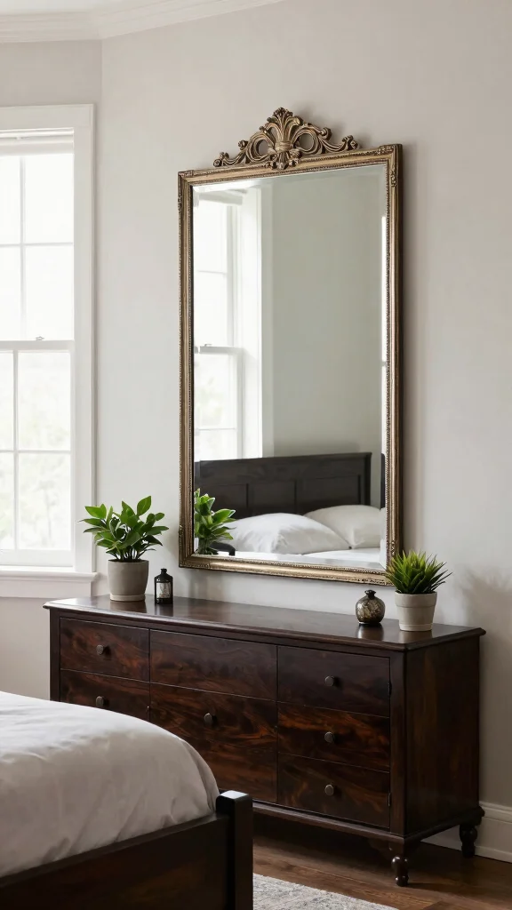 19 Bedroom Design Ideas with Dark Wood Furniture - 14. Use of Mirrors to Reflect Light 1