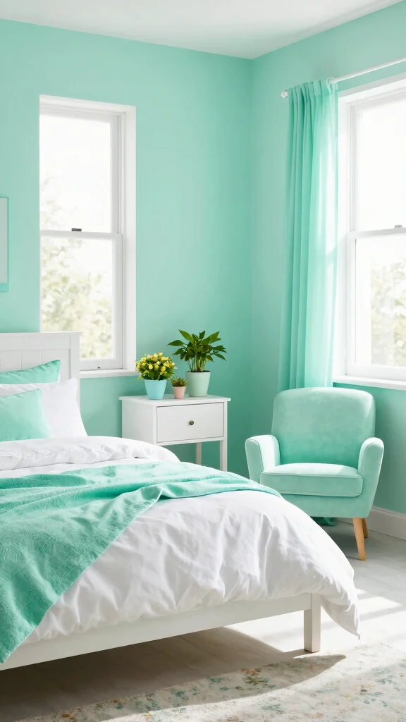 19 Bedroom with White Furniture and Wall Color Ideas - 7. Mint Green Freshness 1