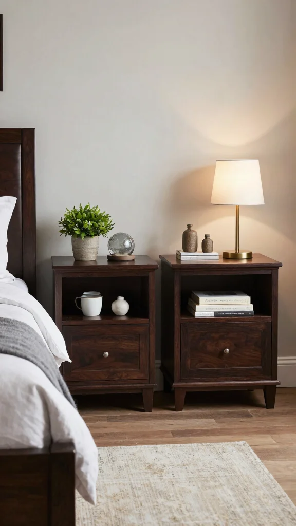 19 Dark Brown Bedroom Furniture Decor Ideas for Warmth - 11. Stylish Nightstands for Function and Charm 1