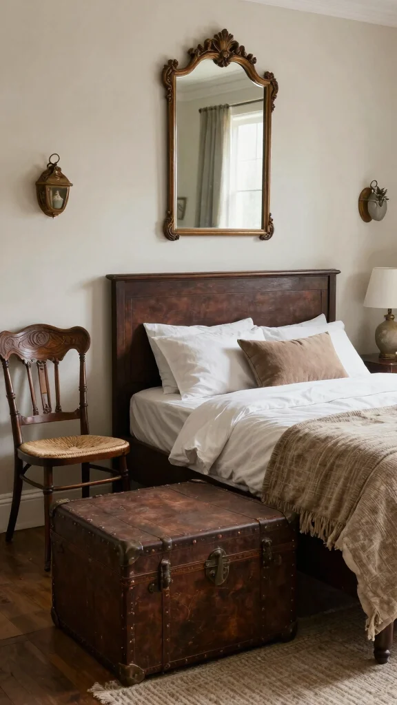 19 Dark Brown Bedroom Furniture Decor Ideas for Warmth - 12. Vintage Finds to Add Character 1