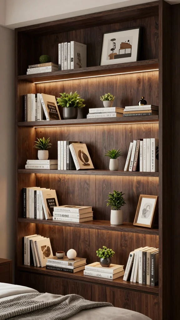 19 Dark Brown Bedroom Furniture Decor Ideas for Warmth - 17. Utilize Wall Shelving for Display 1