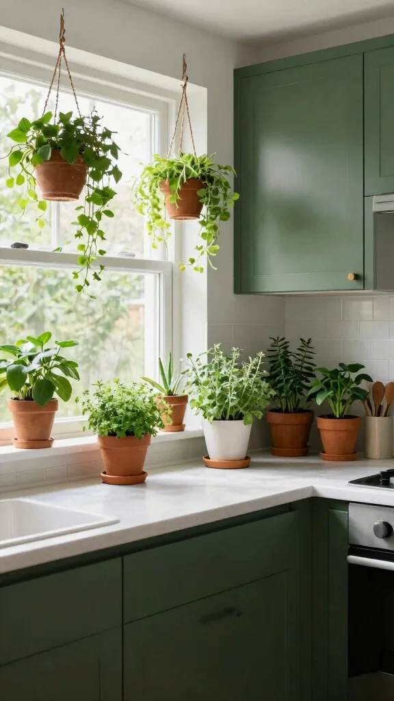 19 Dark Green and White Kitchen Ideas for a Luxurious Contrast - 10. Greenery and Plants 1