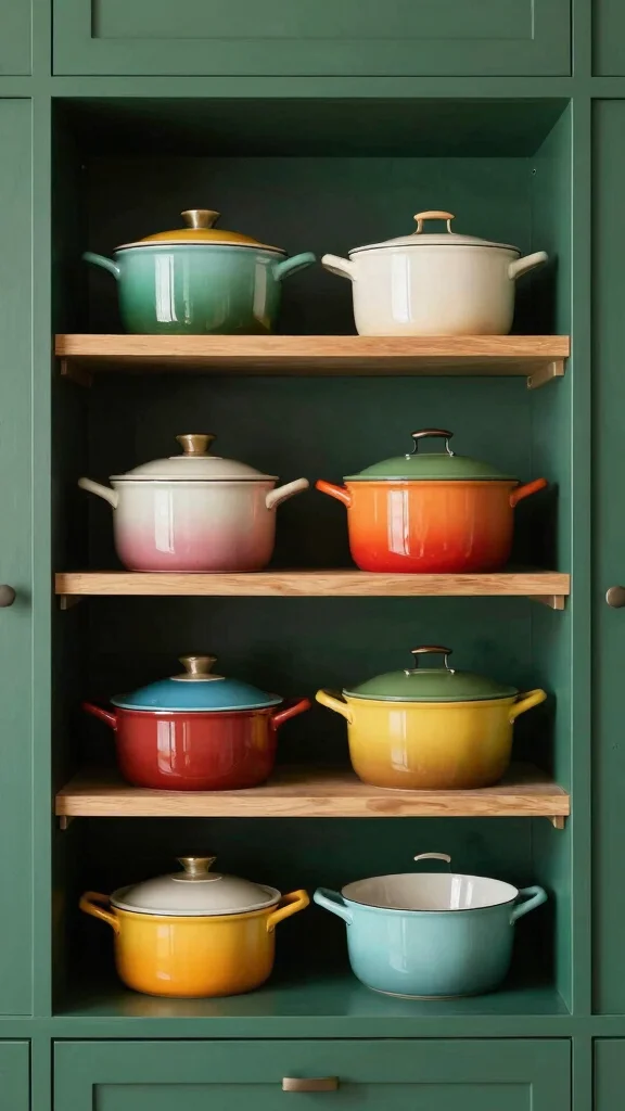 19 Dark Green and White Kitchen Ideas for a Luxurious Contrast - 12. Beautiful Cookware Displays 1