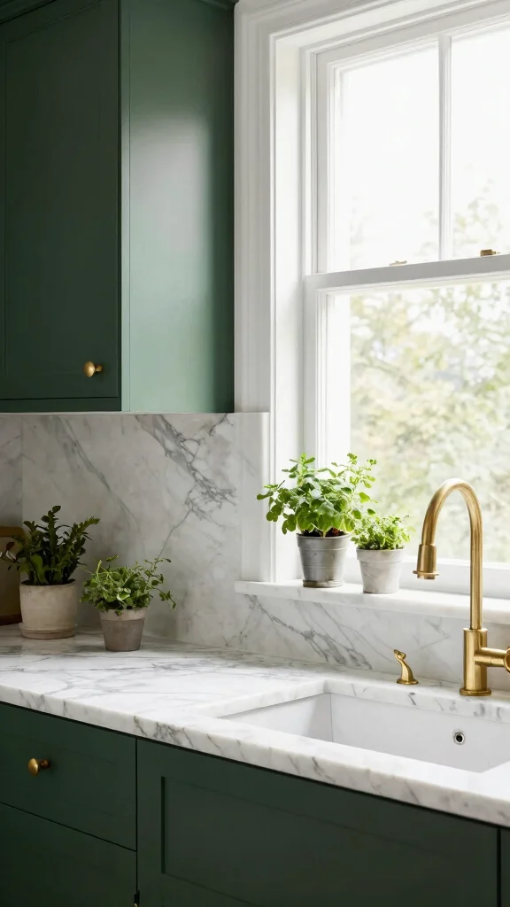 19 Dark Green and White Kitchen Ideas for a Luxurious Contrast - 2. Elegant White Marble Backsplash 1