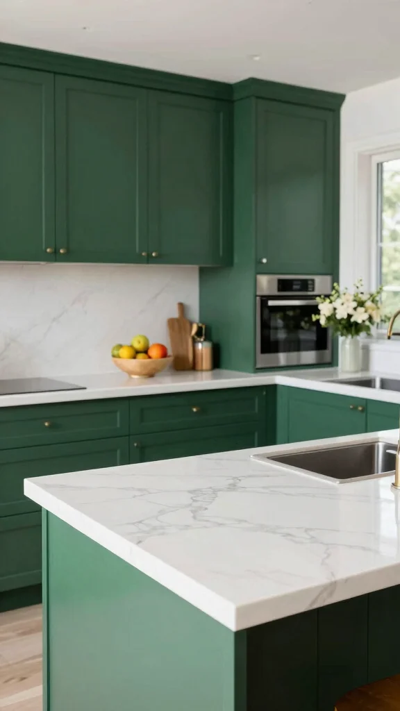 19 Dark Green and White Kitchen Ideas for a Luxurious Contrast - 4. Sleek White Quartz Countertops 1