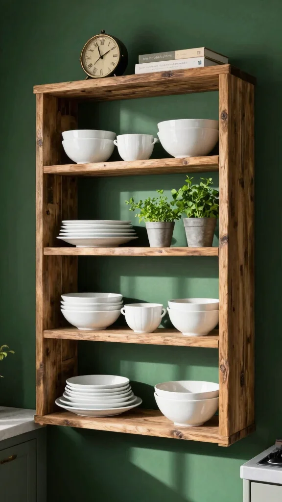 19 Dark Green and White Kitchen Ideas for a Luxurious Contrast - 6. Stylish Open Shelving 1