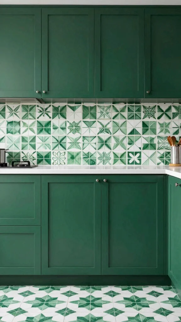 19 Dark Green and White Kitchen Ideas for a Luxurious Contrast - 9. Artistic Green and White Tile 1