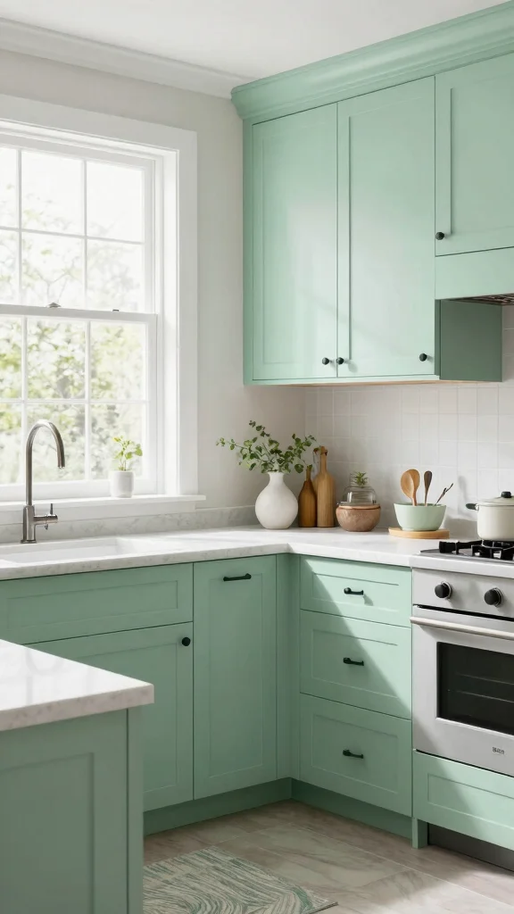19 Green Cabinets with Black Hardware: A Sleek Design Guide - 15. Light Green Pastel for a Soft Touch 1