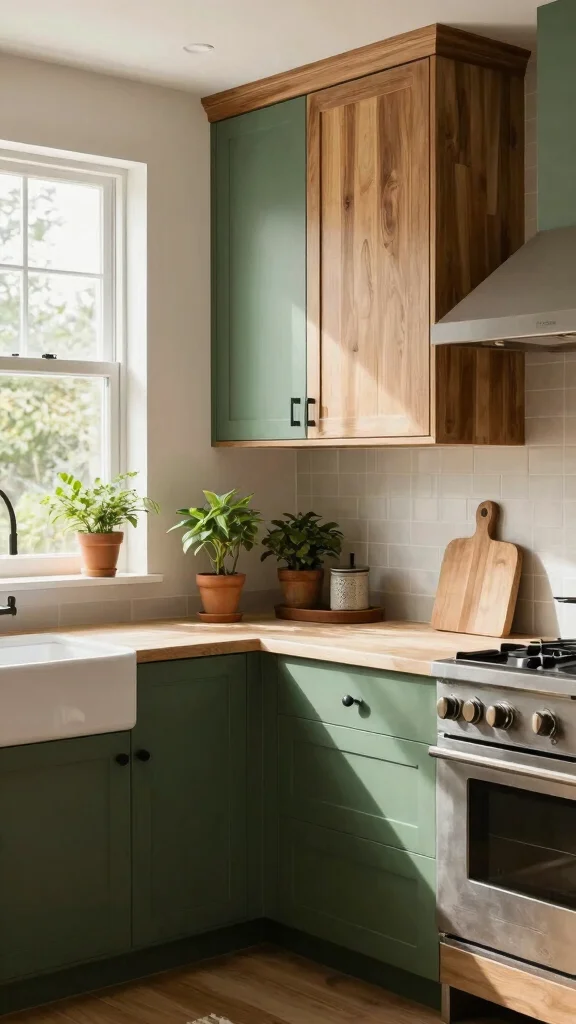19 Green Cabinets with Black Hardware: A Sleek Design Guide - 17. Forest Green with Wood Accents 1