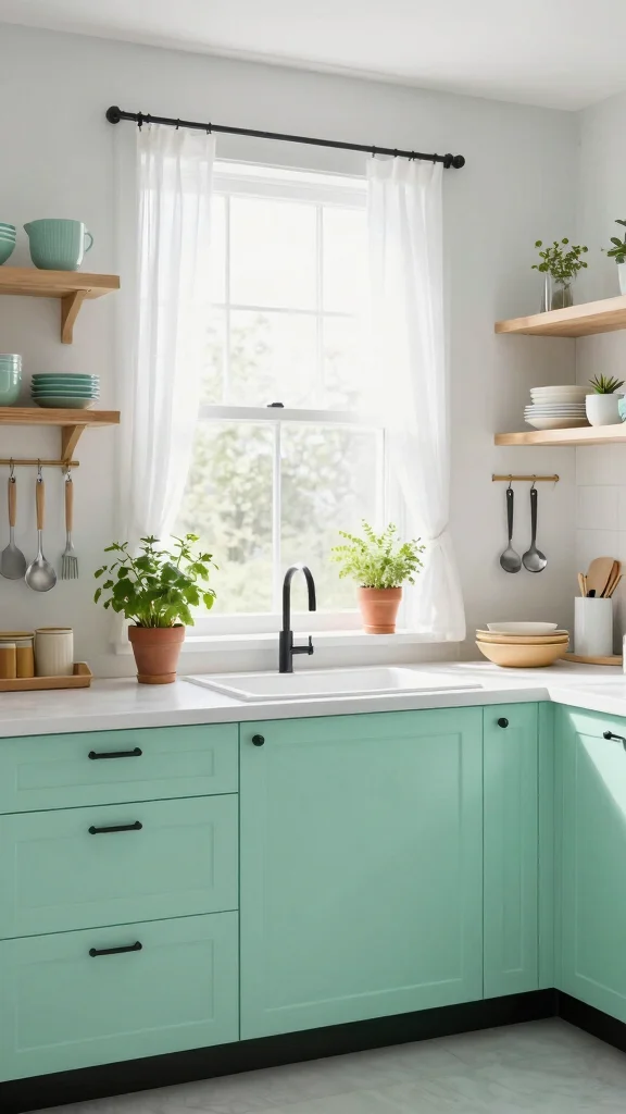 19 Green Cabinets with Black Hardware: A Sleek Design Guide - 3. Light Mint Green for a Fresh and Airy Feel 1