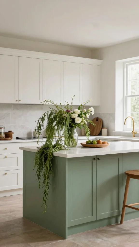 19 Green Kitchen Islands with White Cabinets for a Wow Effect - 13. Whispering Willow 1