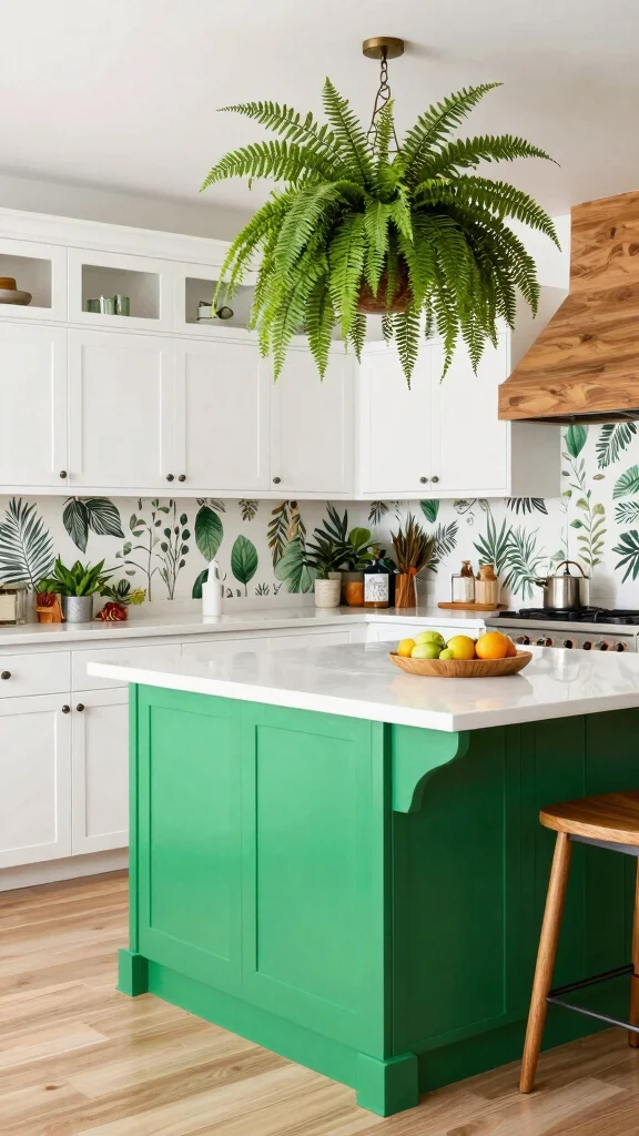 19 Green Kitchen Islands with White Cabinets for a Wow Effect - 17. Festive Fern Fronds 1