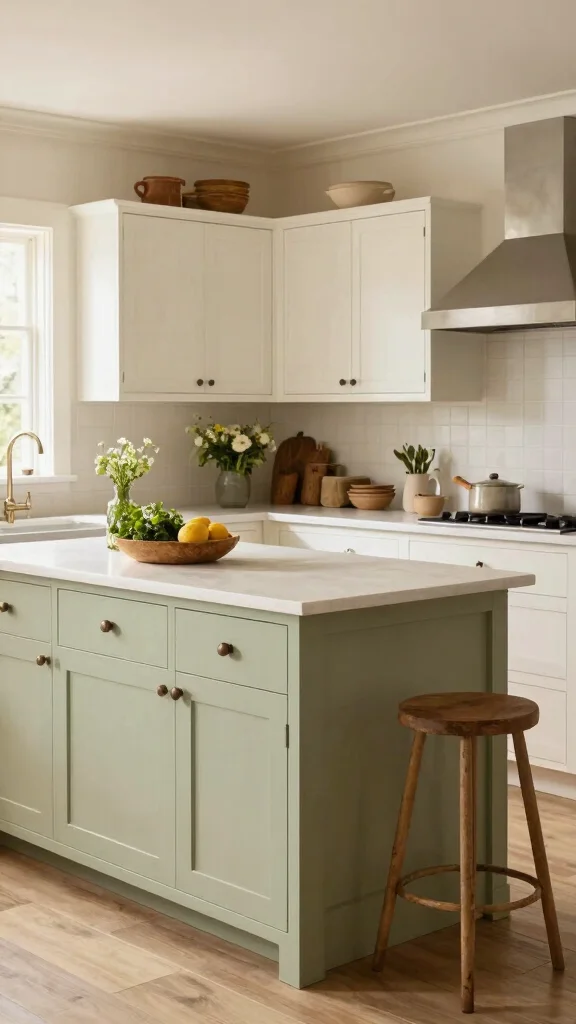 19 Green Kitchen Islands with White Cabinets for a Wow Effect - 18. Soft Almond Green 1