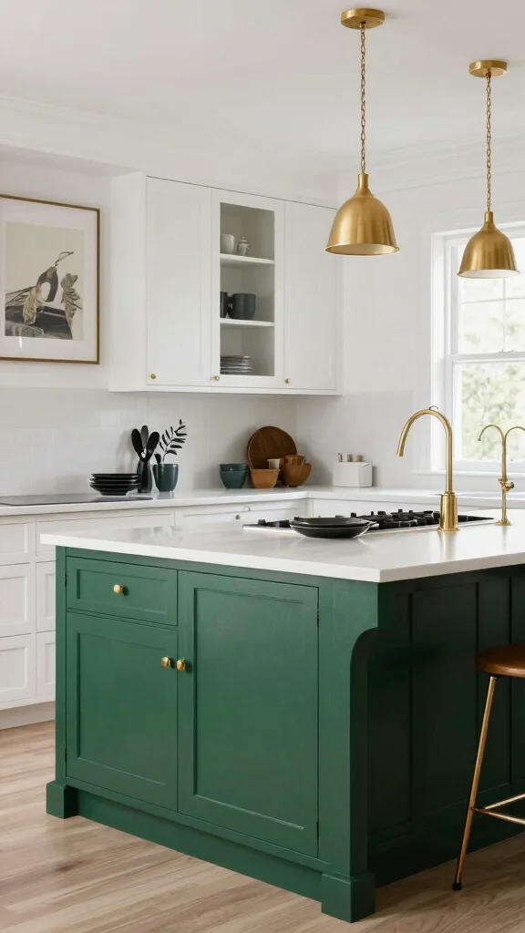 19 Green Kitchen Islands with White Cabinets for a Wow Effect - 5. Classic Forest Green 1
