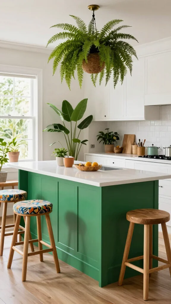 19 Green Kitchen Islands with White Cabinets for a Wow Effect - 6. Tropical Fern 1