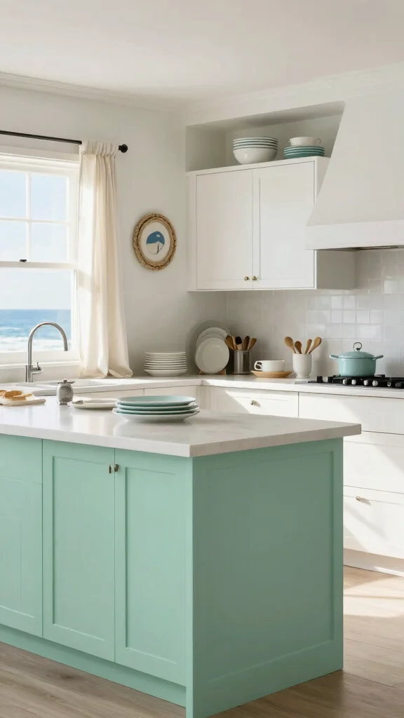 19 Green Kitchen Islands with White Cabinets for a Wow Effect - 8. Gentle Seafoam 1