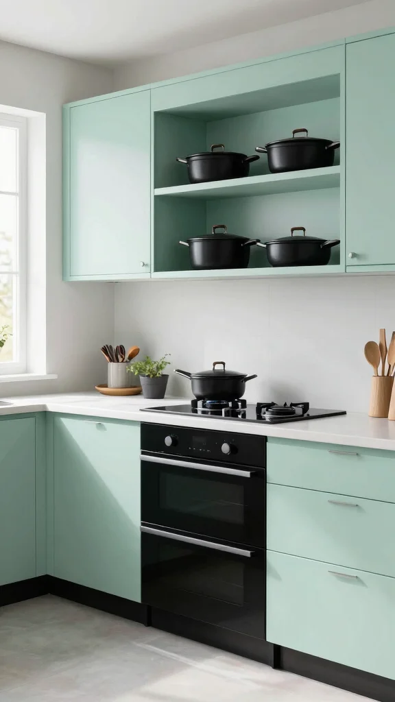 19 Green Kitchens with Black Appliances That Look Amazing - 10. Minty Olive with Glossy Black Accents 1